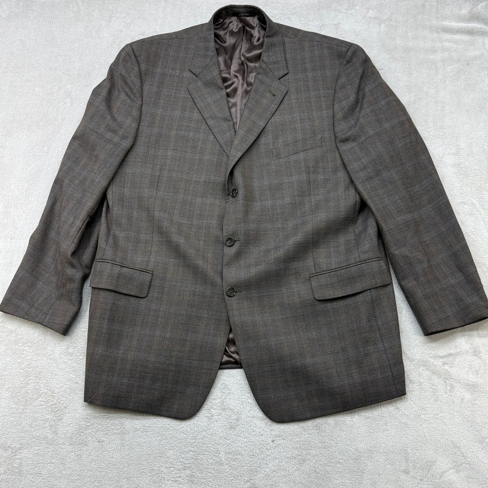 Joseph Abboud Sport Coat Mens 48L Brown Plaid 100% Wool 3 Button Blazer 1417/1